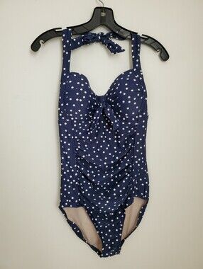 Navy Blue & White Polka Dot Halter Tie Pinup Girl Style One Piece Swimsuit
